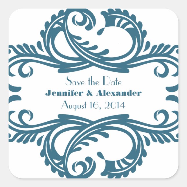 Chic Damask Save the Date Stickers, Blue Square Sticker (Front)