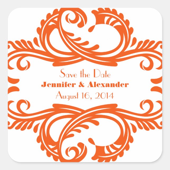 Chic Damask Save the Date Stickers, Orange Square Sticker (Front)