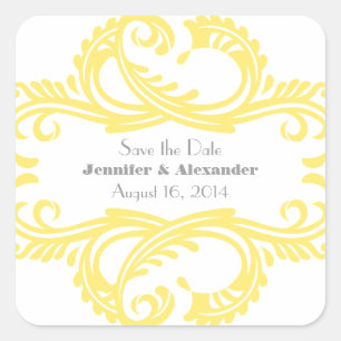 Chic Damask Save the Date Stickers, Yellow Square Sticker