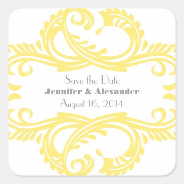 Chic Damask Save the Date Stickers, Yellow Square Sticker (Front)