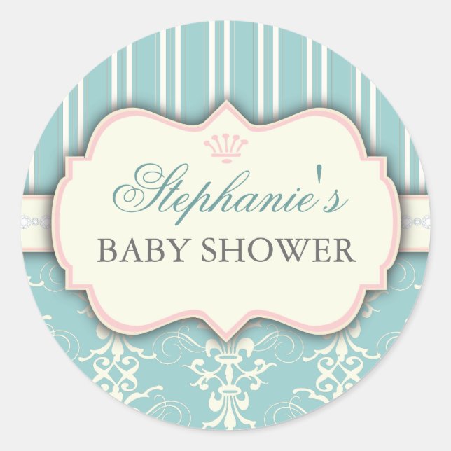 Chic Damask & Stripe Baby Shower Favour Sticker (Front)