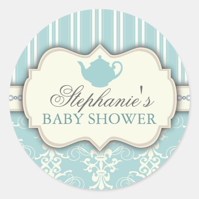 Chic Damask & Stripe Baby Shower Favour Sticker (Front)