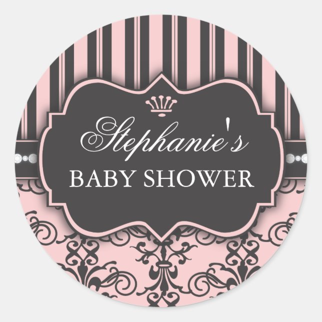 Chic Damask & Stripe Baby Shower Favour Sticker (Front)