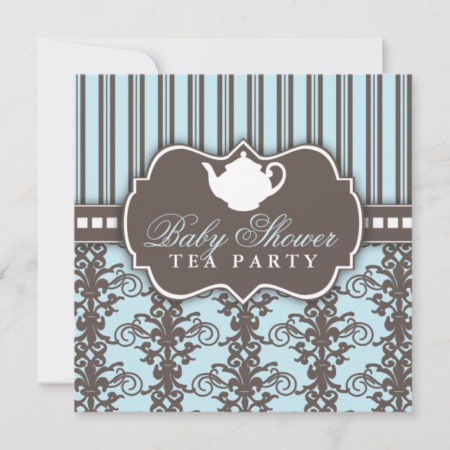 Chic Damask & Stripe Baby Shower Tea Invitation (Front)