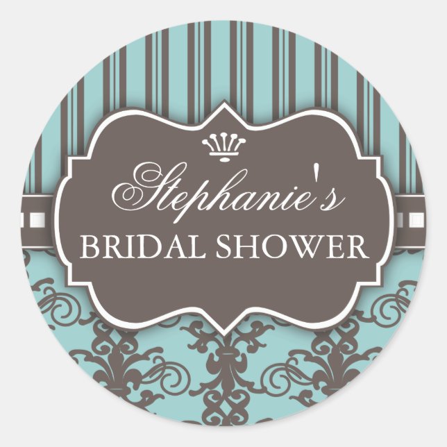 Chic Damask & Stripe Bridal Shower Favour Sticker (Front)