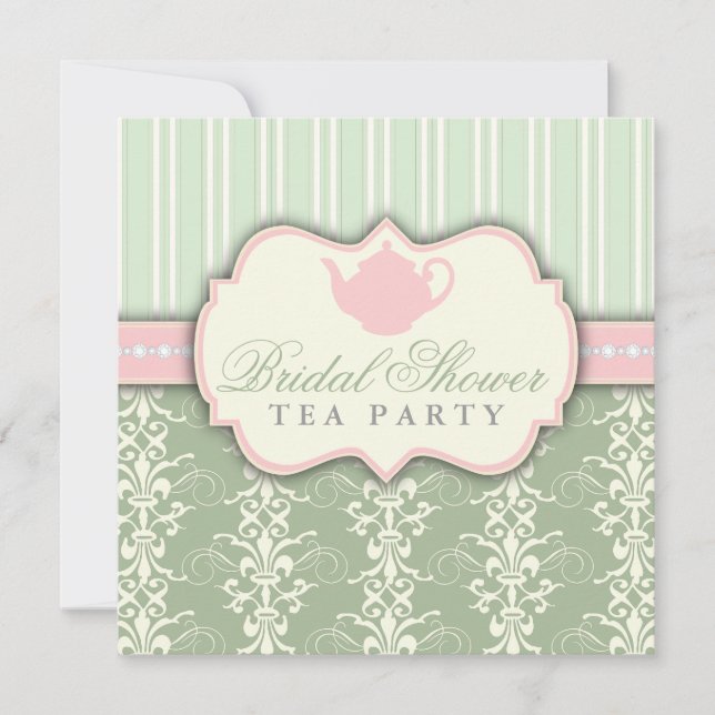 Chic Damask & Stripe Bridal Shower Tea Invitation (Front)