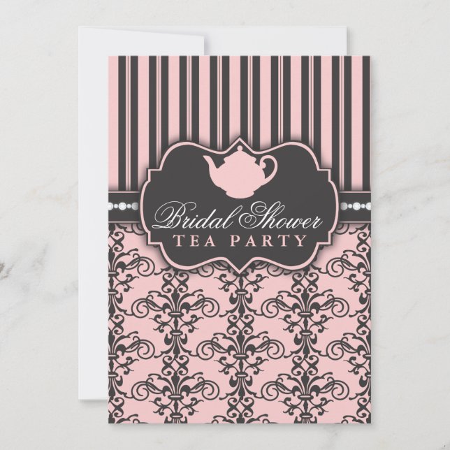 Chic Damask & Stripe Bridal Shower Tea Invitation (Front)