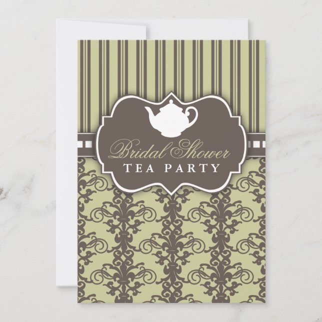 Chic Damask & Stripe Bridal Shower Tea Invitation (Front)