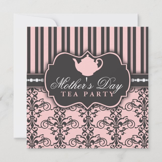 Chic Damask & Stripe Mother's Day Tea Invitation (Front)