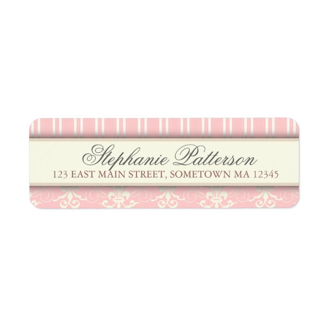 Chic Damask & Stripe Return Address Label | Pink (Front)
