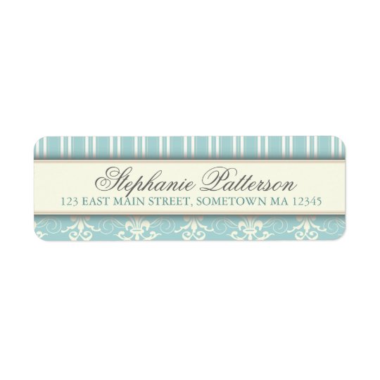 Chic Damask & Stripe Return Address Label | Teal