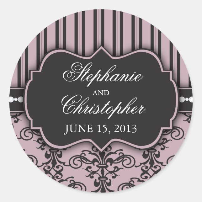 Chic Damask & Stripe Wedding Favour Sticker (Front)