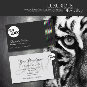 Chic Dark and Light Grey Colourful Stripes add Log Business Card