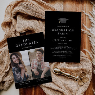 Chic Dark Black Cap Photo Double Graduation Party Invitation