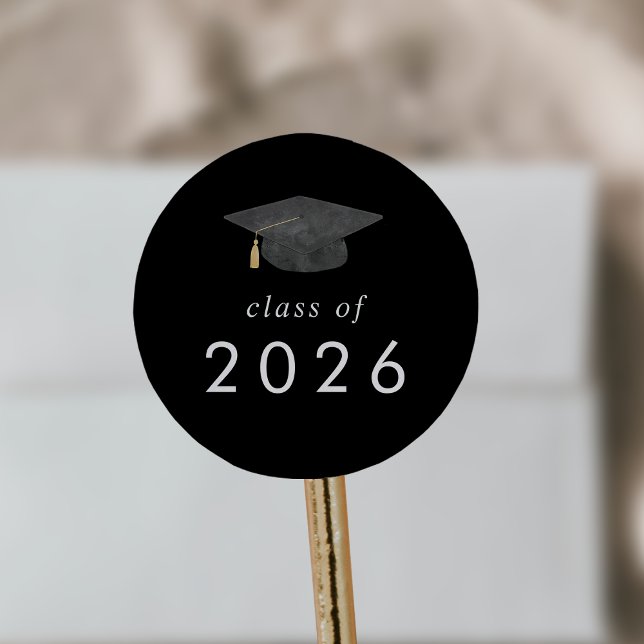 Chic Dark Black Grad Cap Class of 2025 Graduation Classic Round Sticker (Chic Dark Black Grad Cap Class of 2026 Graduation Classic Round Sticker)