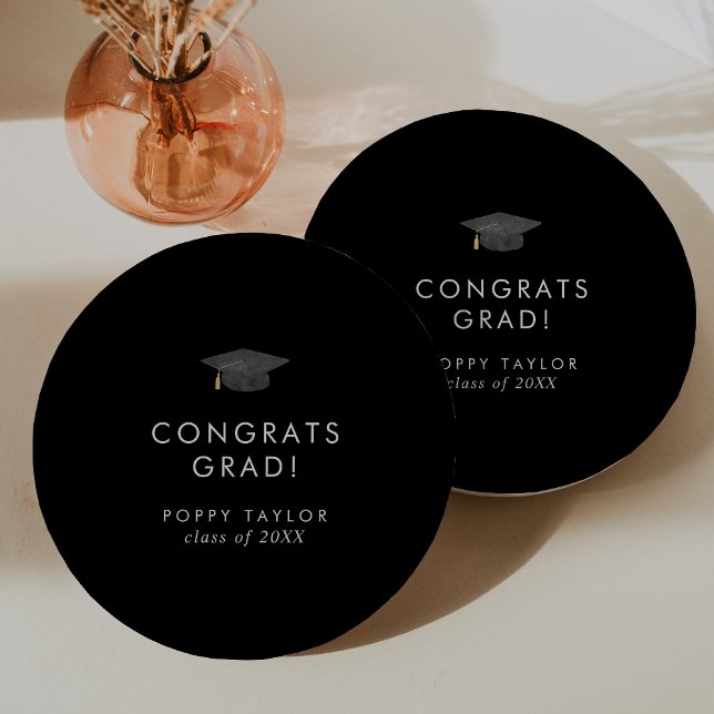 Chic Dark Black Grad Cap Congrats Grad Graduation Paper Plate (Creator Uploaded)