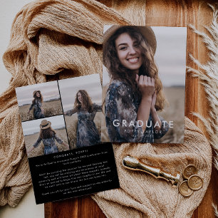 Chic Dark Black Message Photo Collage Graduation Announcement