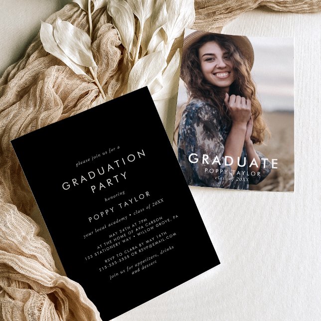 Chic Dark Black Photo Graduation Party Invitation (Creator Uploaded)
