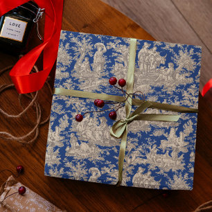 Chic Dark Blue French Vintage Toile de Jouy Scene Wrapping Paper