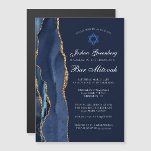Chic Dark Blue Gold Agate Bar Mitzvah Party Magnetic Invitation