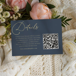 Chic Dark Blue & Gold QR Code Wedding Details Enclosure Card