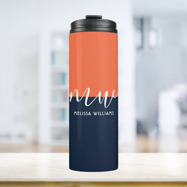 Chic Dark Blue & Orange Minimalist Script Monogram Thermal Tumbler (Creator Uploaded)