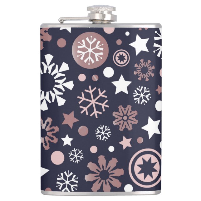 Chic dark blue, pink gold metallic snowflakes hip flask (Front)