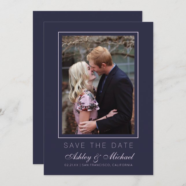 Chic Dark Blue Pink Photo Wedding Save The Date Invitation (Front/Back)