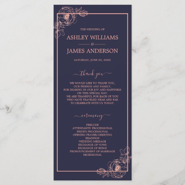 Chic Dark Blue Rose Gold Floral Outline Wedding Program (Front)