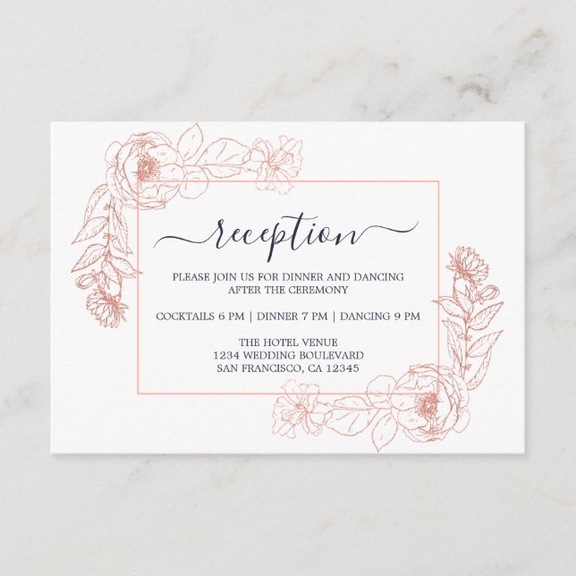 Chic Dark Blue Rose Gold Floral Wedding Reception Enclosure Card (Front)