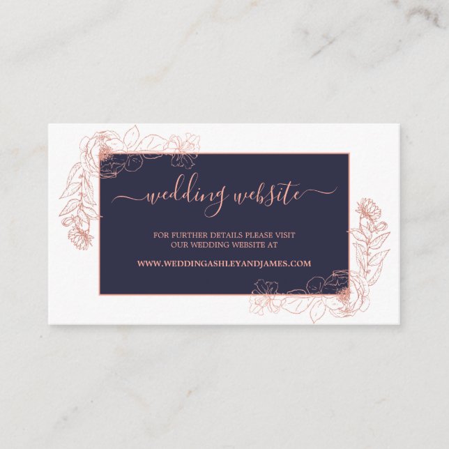 Chic Dark blue Rose Gold floral Wedding Website Enclosure Card (Front)