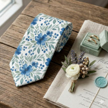 Chic Dark Blue Sage Green Floral Wedding Necktie