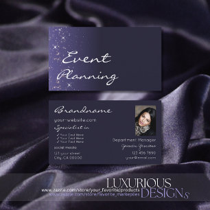 Chic Dark Blue Sparkling Glitter Stars with Photo Business Card