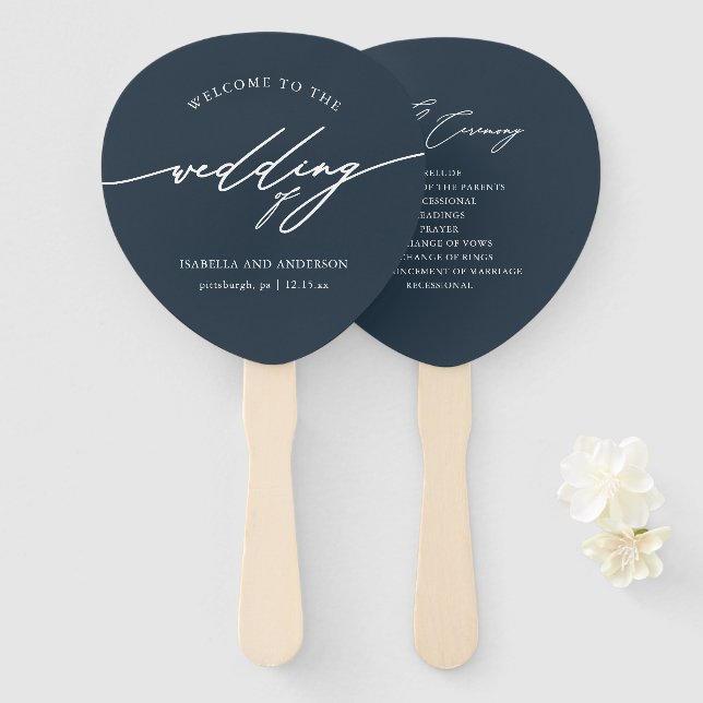 Chic Dark Blue Wedding Program Fan (Front and Back)