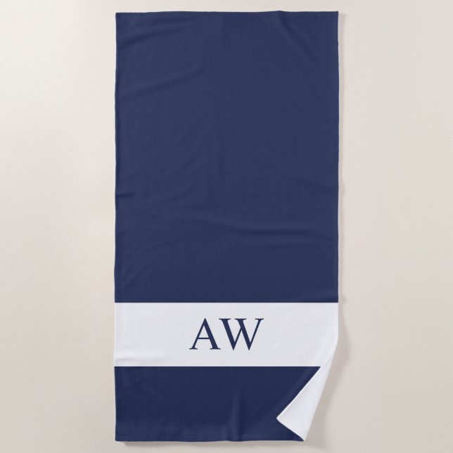 Chic Dark Blue White Monogrammed Beach Towel (Front)