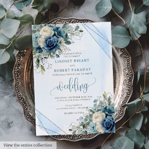 Chic Dark Blue White Silver Wedding Invitation 