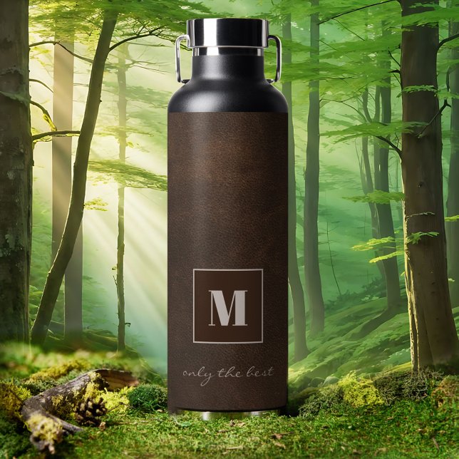 Chic Dark Brown Faux Leather Water Bottle (Insulated water bottle featuring a chic dark brown faux leather design with custom monogram)
