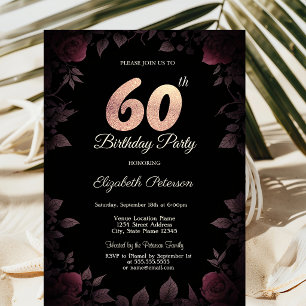 Chic Dark Burgundy Roses Black 80th Birthday Invitation