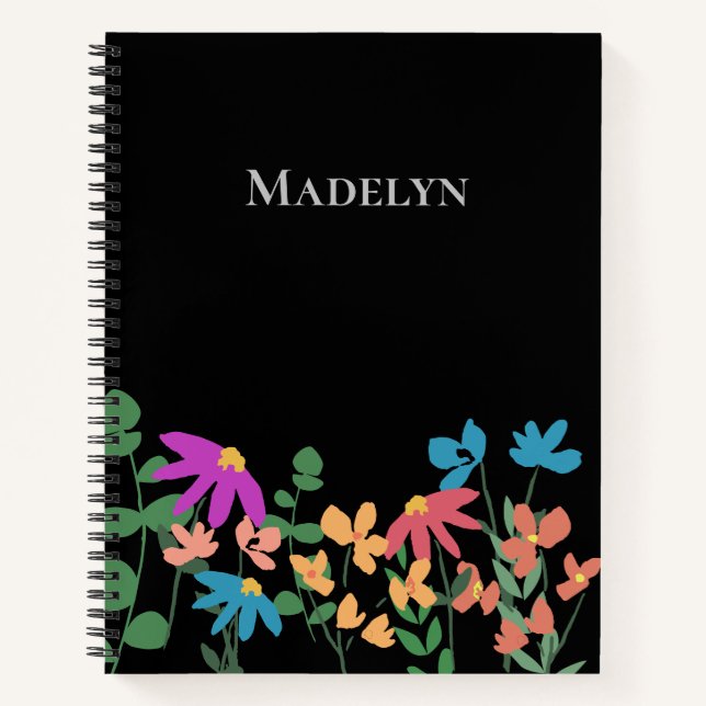Chic Dark Colourful floral pattern personalised Notebook (Front)
