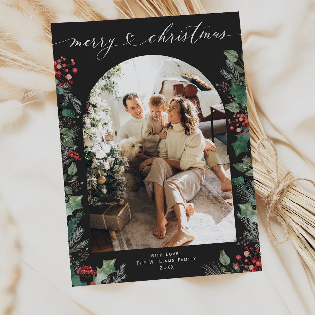 Chic Dark Foliage Arch 1 Photo Family Christmas Holiday Card (Creator Uploaded)