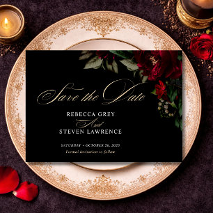 Chic dark gothic red green floral moody wedding save the date