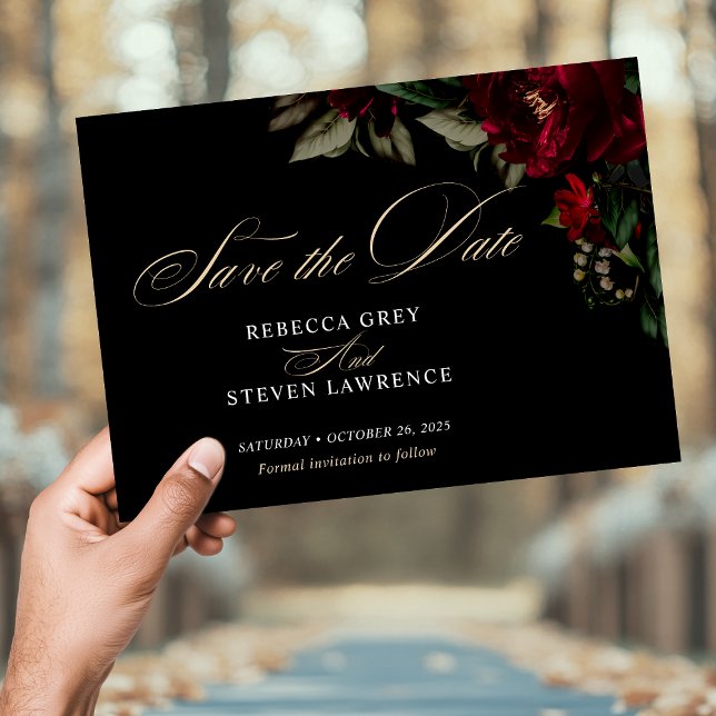 Chic dark gothic red green floral moody wedding save the date (Creator Uploaded)