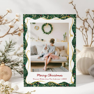 Chic Dark Green Botanical Christmas 1 Photo Holiday Card