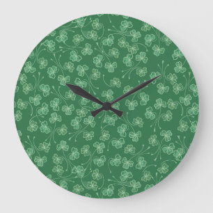 Chic Dark Green Shamrocks Ditsy Pattern Wall Clock