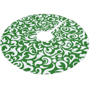 Chic Dark Green White Damask Floral Art Pattern Brushed Polyester Tree Skirt