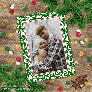 Chic Dark Green White Damask Floral Art Pattern Holiday Card