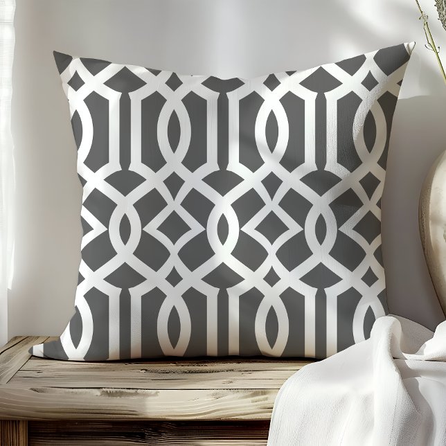 Chic Dark Grey and White Moroccan Trellis Pattern Cushion (Creator Uploaded)