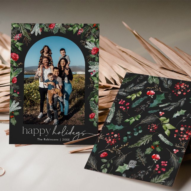 Chic Dark Grey Botanical Floral Arch 1 Photo Holiday Card (Creator Uploaded)