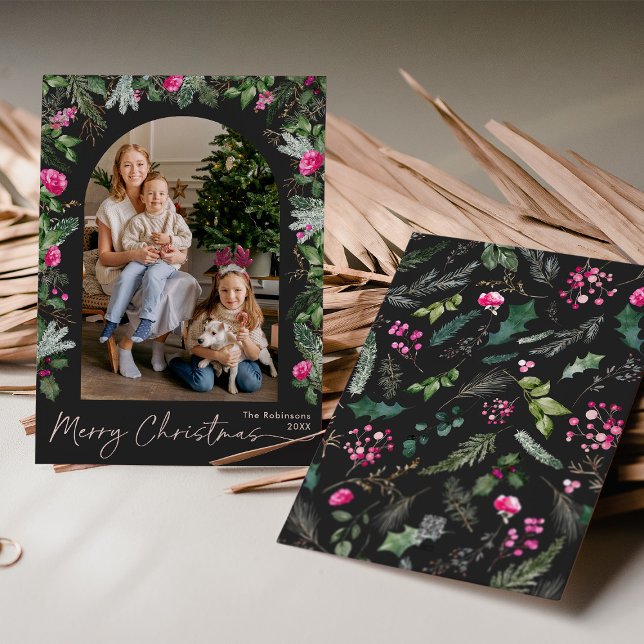 Chic Dark Grey & Bright Pink Greenery Arch 1 Photo Holiday Card (Creator Uploaded)