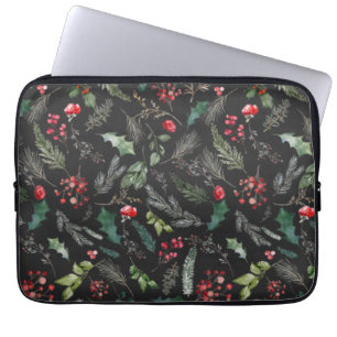Chic Dark Grey Christmas Botanical Foliage Pattern Laptop Sleeve